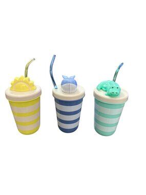 Striped Kids Cups With Fun Animal Lids & Straws Set Of 3 BPA-Free Plastic Durabl